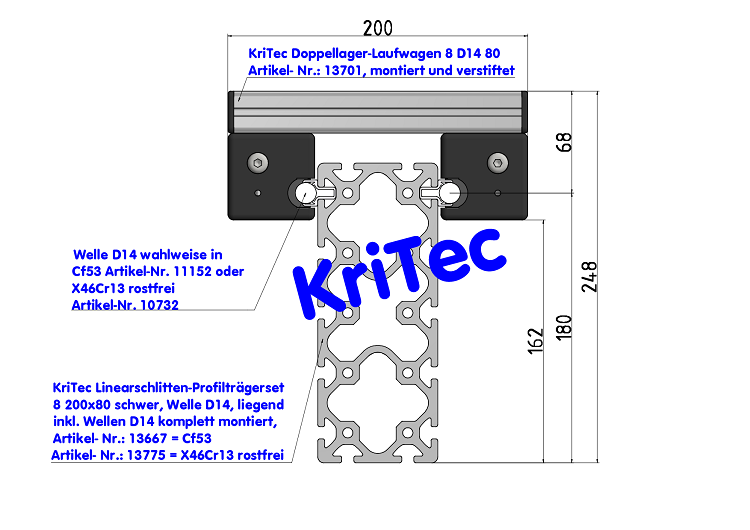 KriTec Linearschlitten-Profilträgerset 8 200x80, Welle D14, hochkant