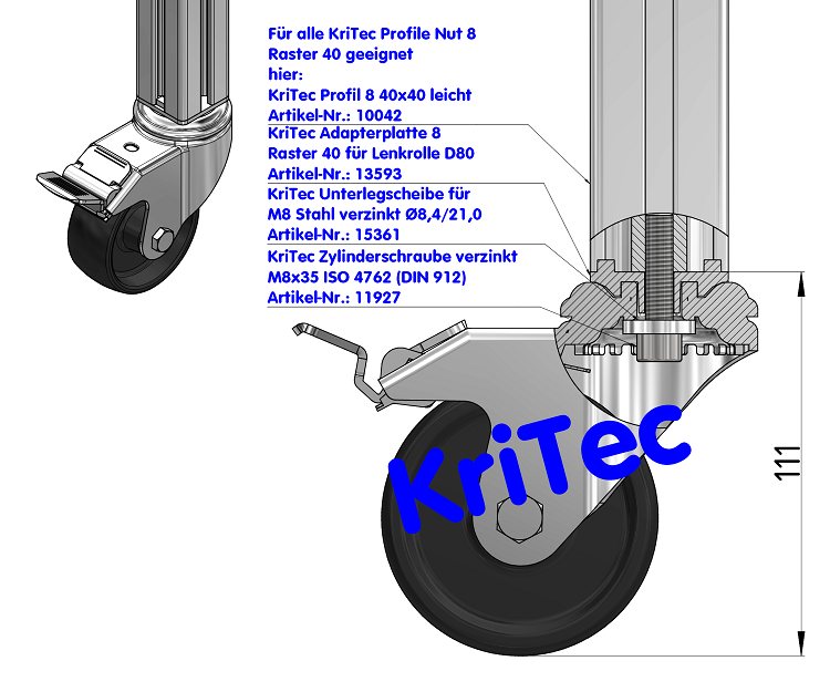 KriTec Lenkrolle D80 TPE grau ESD mit Doppelfestbremse