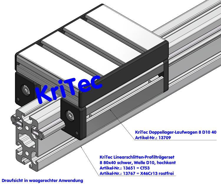 KriTec Linearschlitten-Profilträgerset 880x40 schwer, Welle D10 rostfrei, hochkant