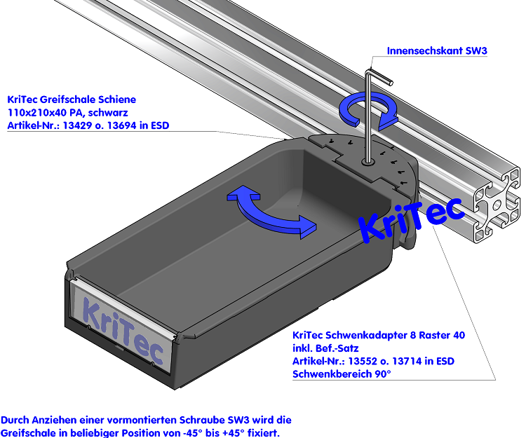 KriTec Greifschale Schiene 110x210x40 PA, schwarz