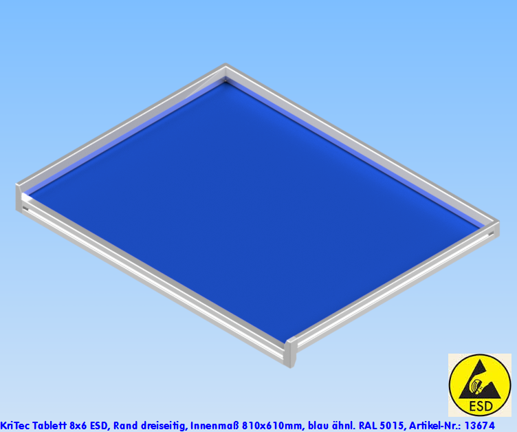 KriTec Tablett 8x6 ESD, Rand dreiseitig, Innenmaß 810x610mm, blau ähnl. RAL 5015