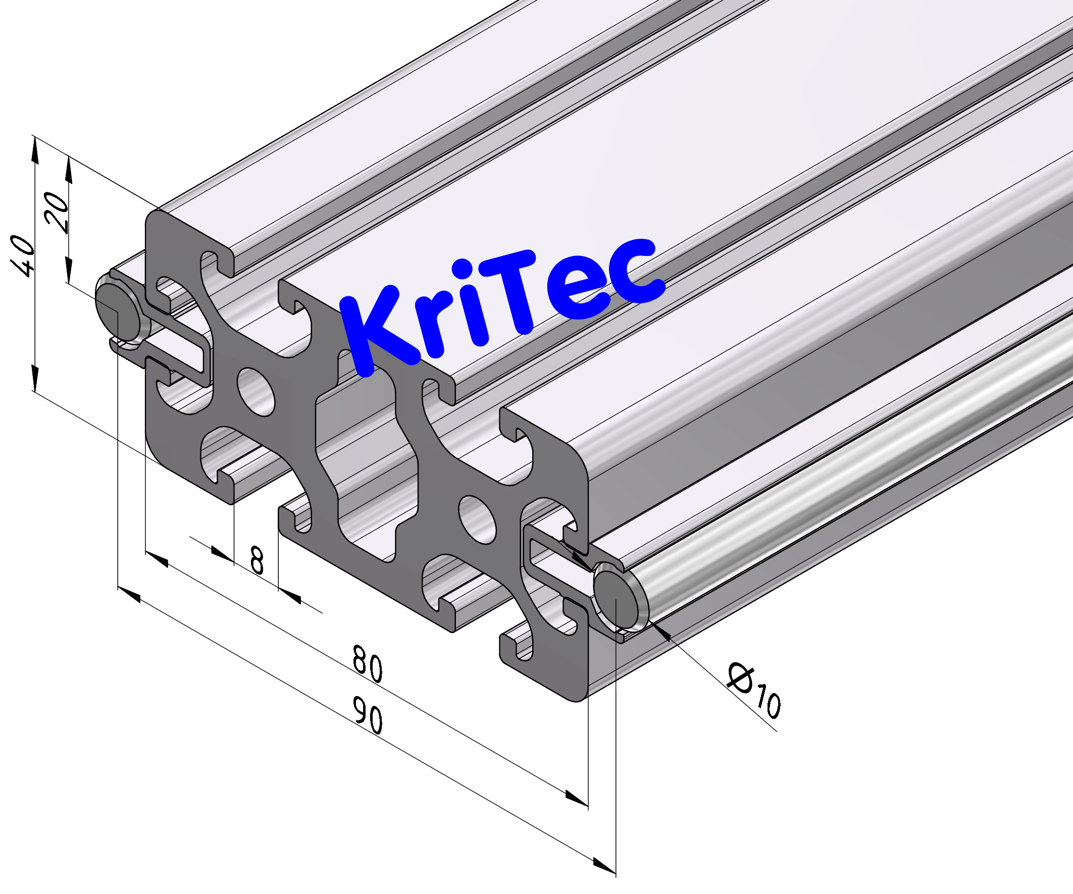 KriTec Linearschlitten-Profilträgerset 8 80x40 schwer, Welle D10 rostfrei, liegend