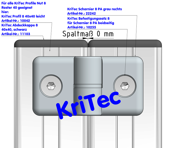 KriTec Scharnier 8 PA, rechts, grau