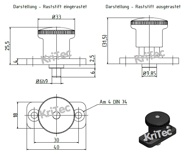 KriTec Miniraster mit Flansch, Bolzen D6 x 6