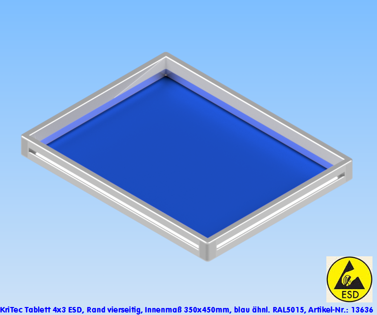 KriTec Tablett 4x3 ESD, Rand vierseitig, Innenmaß 410x310mm, blau ähnl. RAL 5015