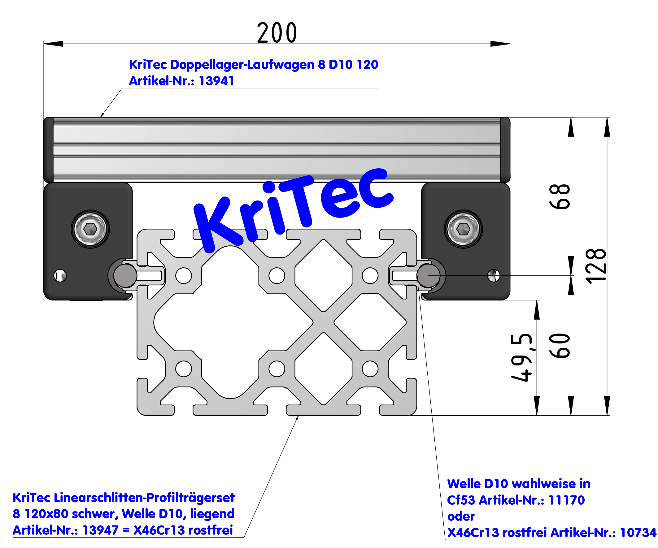 KriTec Linearschlitten-Profilträgerset 8 120x80 schwer, Welle D10 rostfrei, liegend