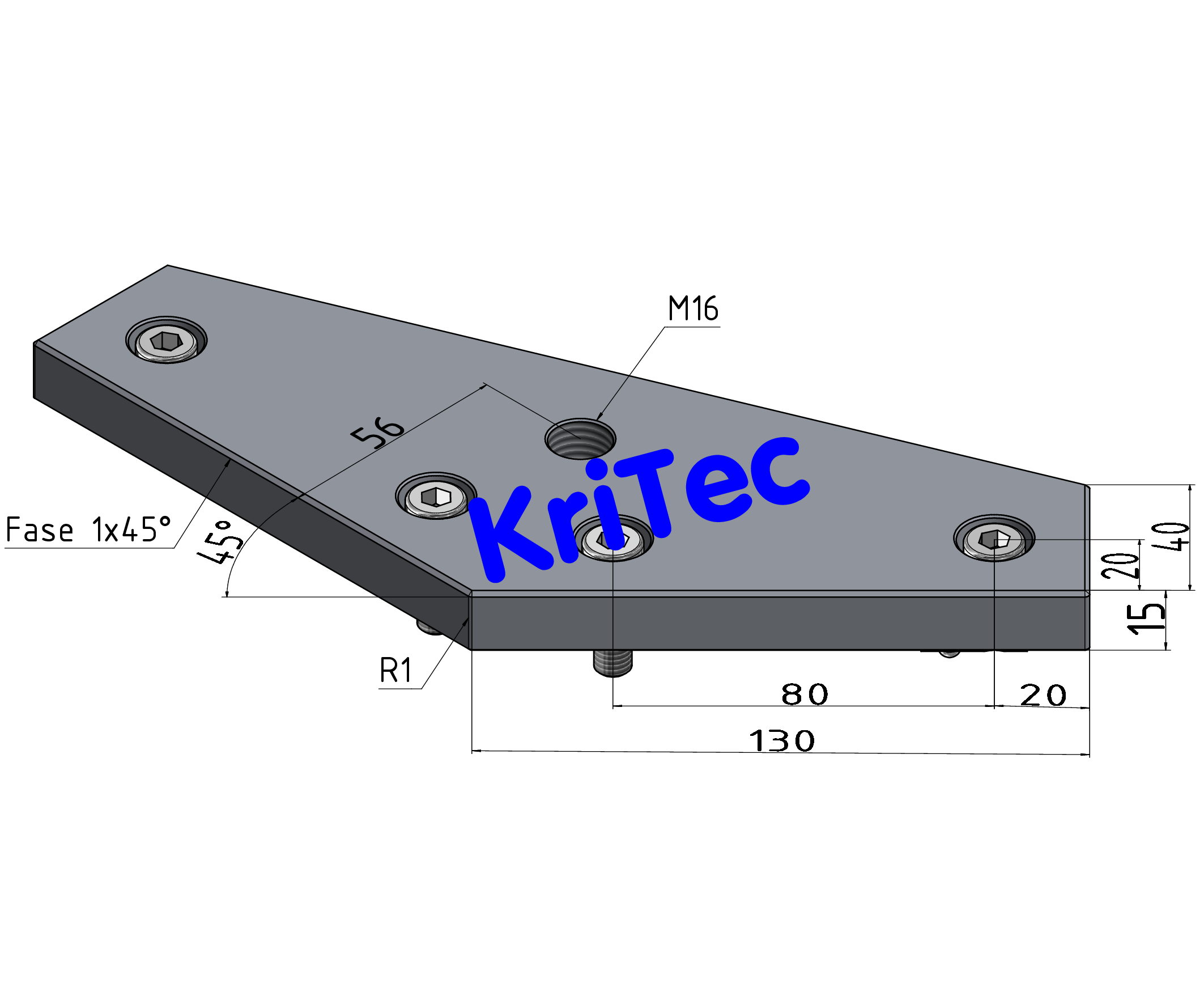 KriTec Transport- und Fußplatte X 8 40-45° M16, weißaluminium ähnlich RAL 9006