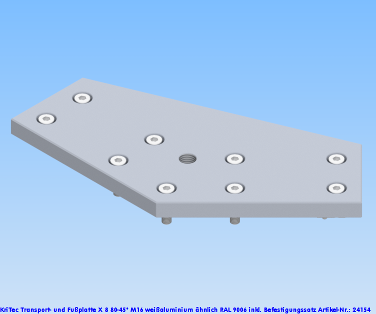KriTec Transport- und Fußplatte X 8 80-45° M16, weißaluminium ähnlich RAL 9006