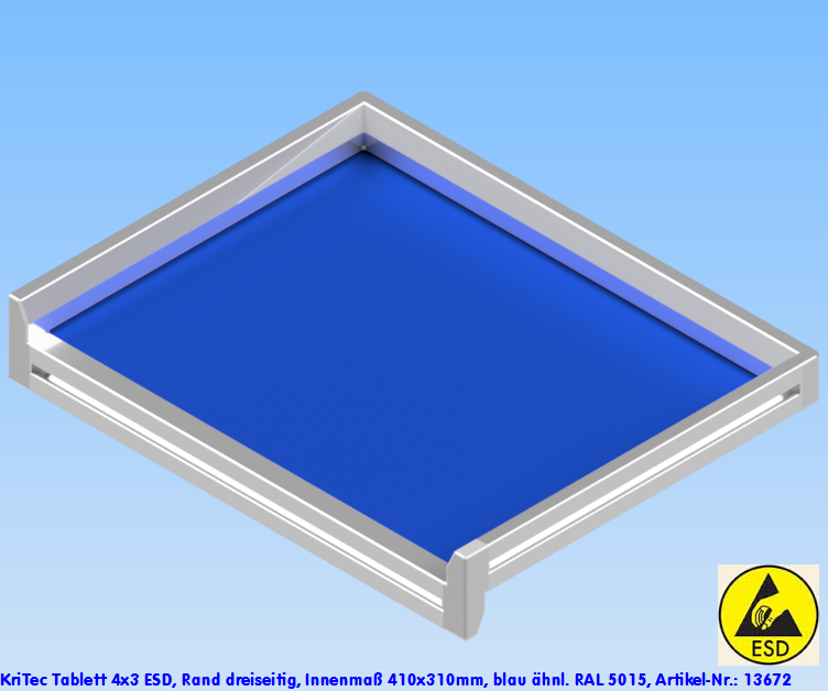 KriTec Tablett 4x3 ESD, Rand dreiseitig, Innenmaß 410x310mm, blau ähnl. RAL 5015