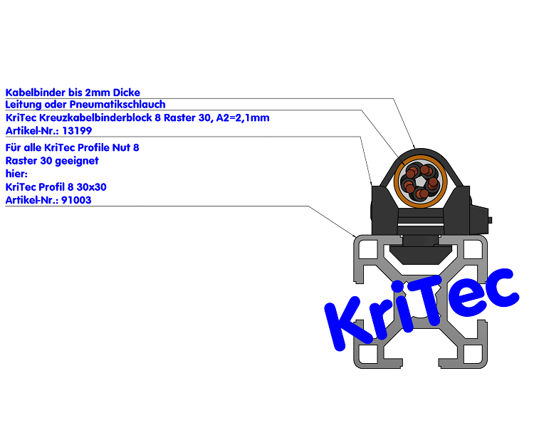 KriTec Kreuzkabelbinderblock 8 Raster 30, schwarz