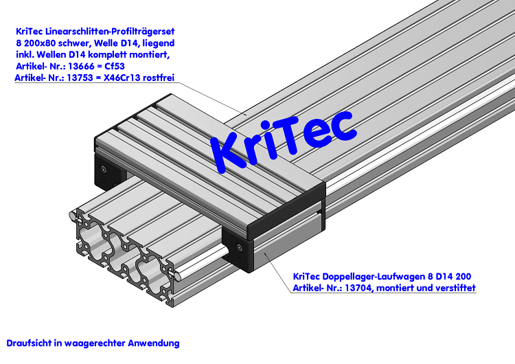 KriTec Linearschlitten-Profilträgerset 8 200x80, Welle D14, liegend