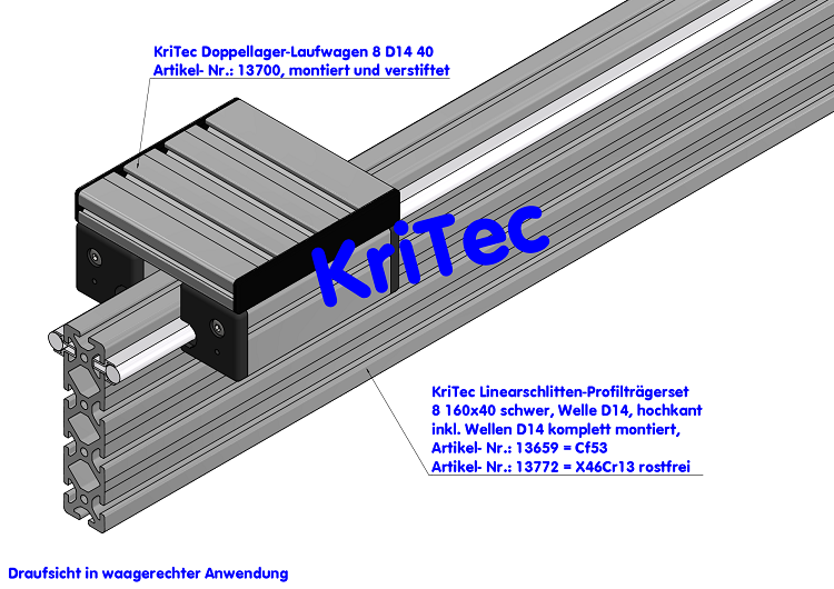 KriTec Linearschlitten-Profilträgerset 8 160x40 schwer, Welle D14, hochkant