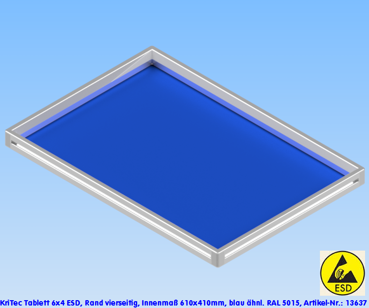 KriTec Tablett 6x4 ESD, Rand vierseitig, Innenmaß 610x410mm, blau ähnl. RAL 5015