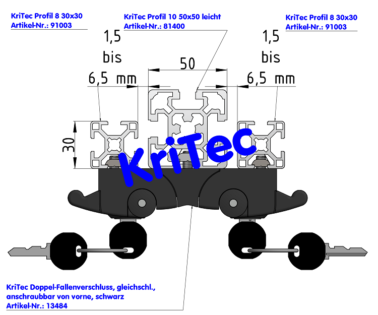 KriTec Doppel-Fallenverschluss, gleichschliessend, anschraubbar von vorne