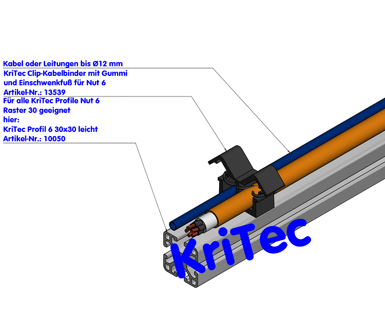 KriTec Clip-Kabelbinder mit Gummi und Einschwenkfuß 6 Raster 30