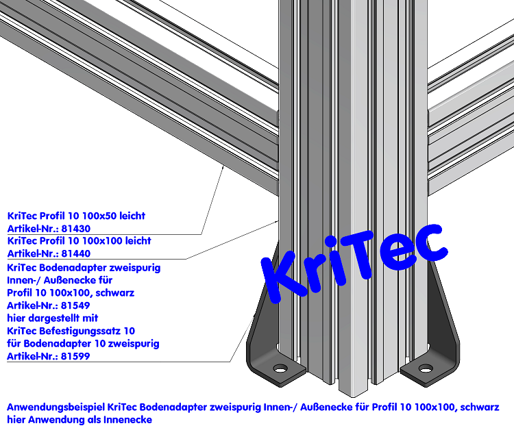 KriTec Bodenadapter zweispurig Innen-/ Außenecke für Profil 10 100x100, schwarz