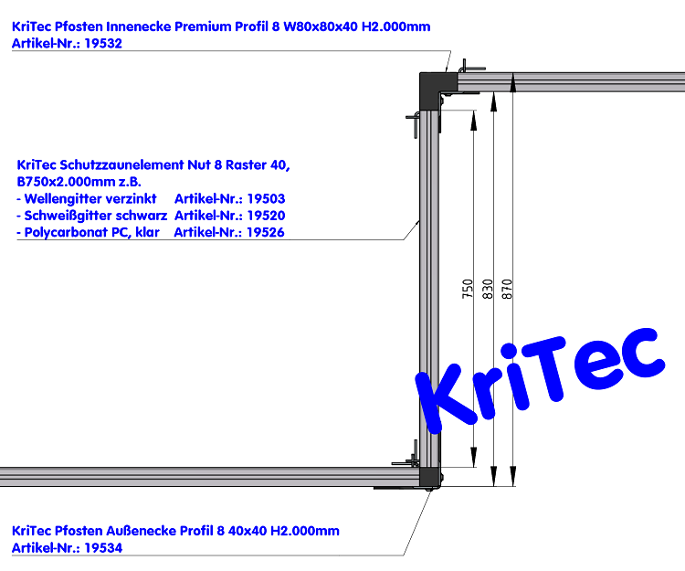 KriTec Schutzzaunelement Nut 8 Raster 40, B750xH2000mm, Wellengitter St verzinkt 40x40x4