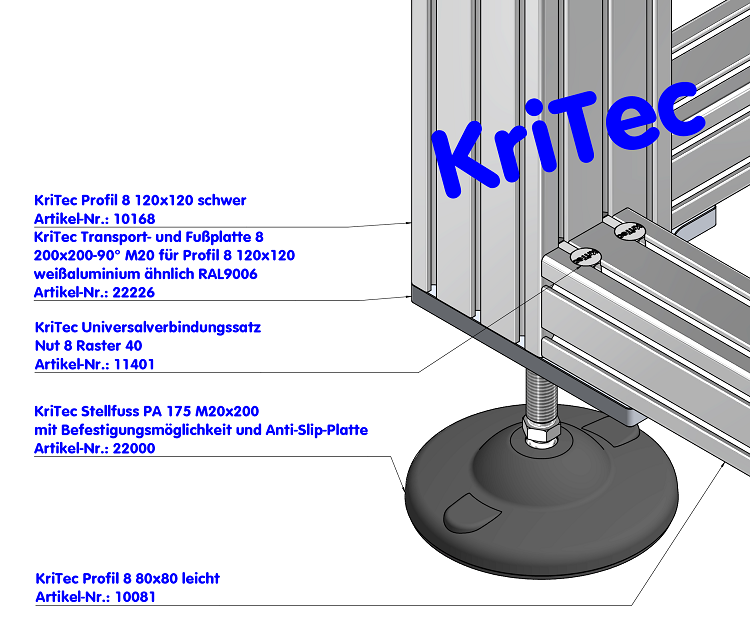 KriTec Transport- und Fußplatte 8 200x200-90° M20 für Profil 8 120x120 weißaluminium