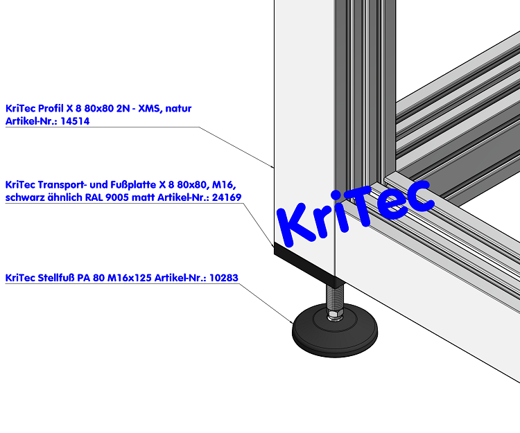KriTec Transport- und Fußplatte X 8 80x80, M16, schwarz ähnlich RAL 9005 matt