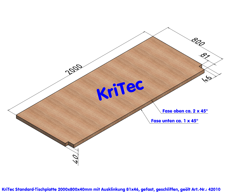 KriTec Standard-Tischplatte 2.000x800x40mm mit Ausklinkungen 81x46mm