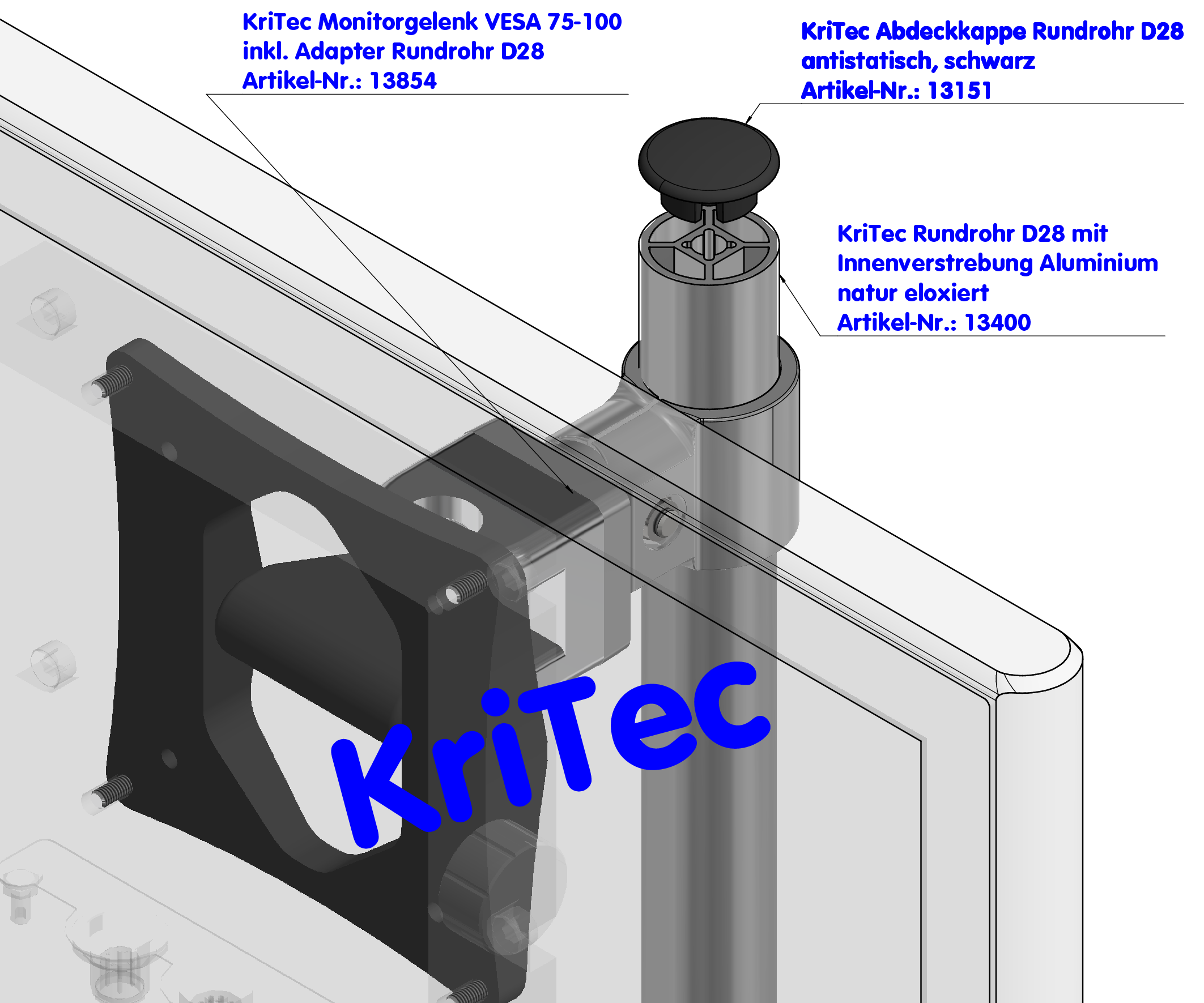 KriTec Monitorgelenk VESA 75-100 inkl. Adapter Rundrohr D28