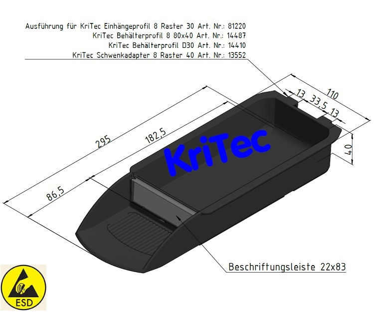 KriTec Greifschale Schiene 110x295x40 PA, schwarz, ESD