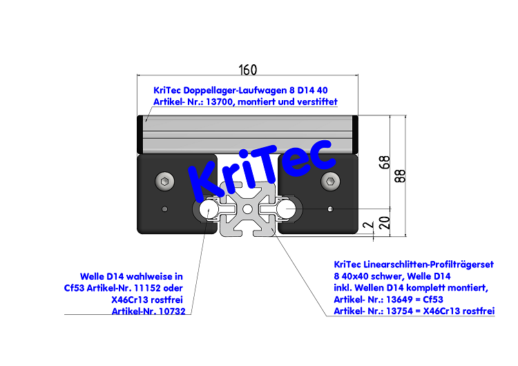 KriTec Linearschlitten-Profilträgerset 8 40x40 schwer, Welle D14