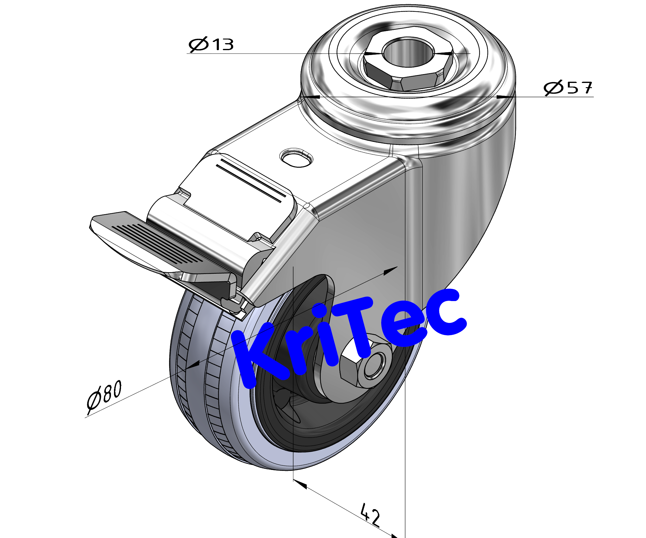 KriTec Lenkrolle D80 Vollgummi grau mit Doppelfeststellbremse