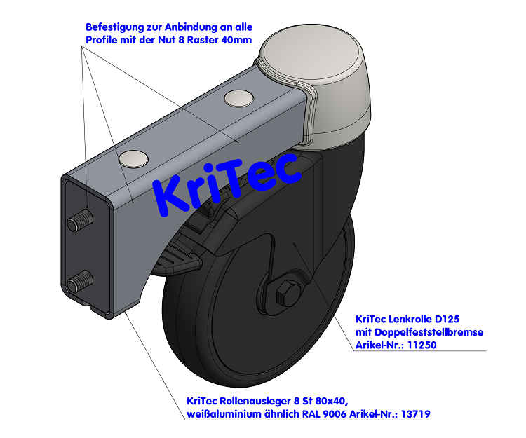 KriTec Rollenausleger 8 St 80x40 M12, weißaluminium ähnlich RAL 9006