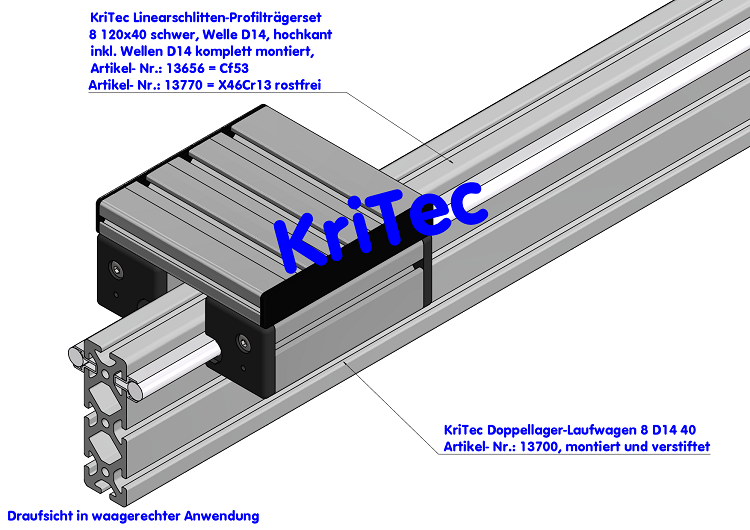 KriTec Linearschlitten-Profilträgerset 8 120x40 schwer, Welle D14, hochkant