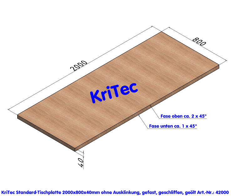 KriTec Standard-Tischplatte 2.000x800x40mm ohne Ausklinkungen
