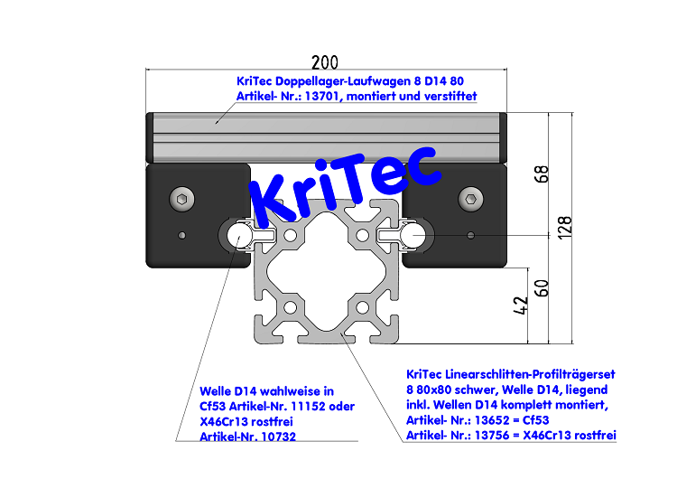 KriTec Linearschlitten-Profilträgerset 8 80x80 schwer, Welle D14
