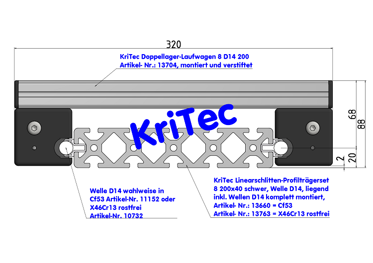 KriTec Linearschlitten-Profilträgerset 8 200x40 schwer, Welle D14, liegend