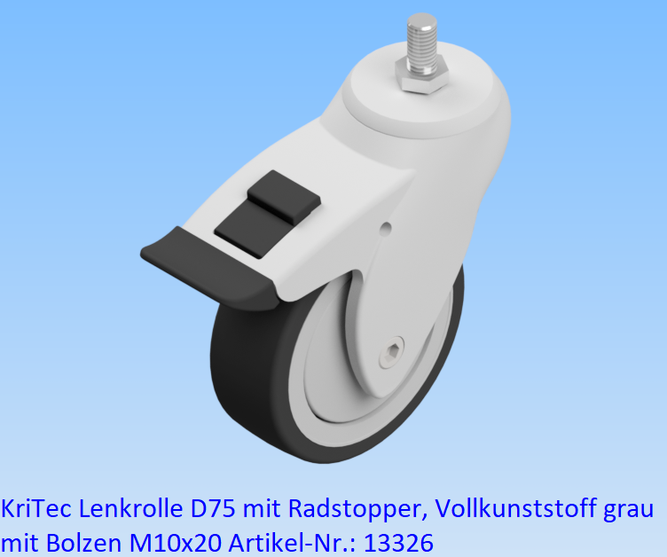 KriTec Lenkrolle D75 mit Radstopper, Vollkunststoff grau mit Bolzen M10x20