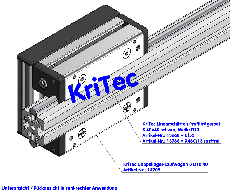 KriTec Linearschlitten-Profilträgerset 8 40x40 schwer, Welle D10 rostfrei