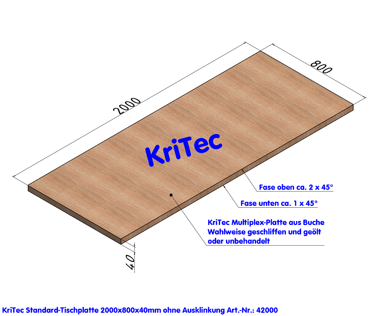 KriTec Standard-Tischplatte 2.000x800x40mm ohne Ausklinkungen