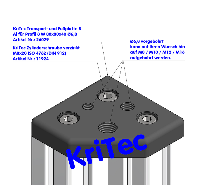 KriTec Transport- und Fußplatte 8 Al für Profil 8 W 80x80x40 M12