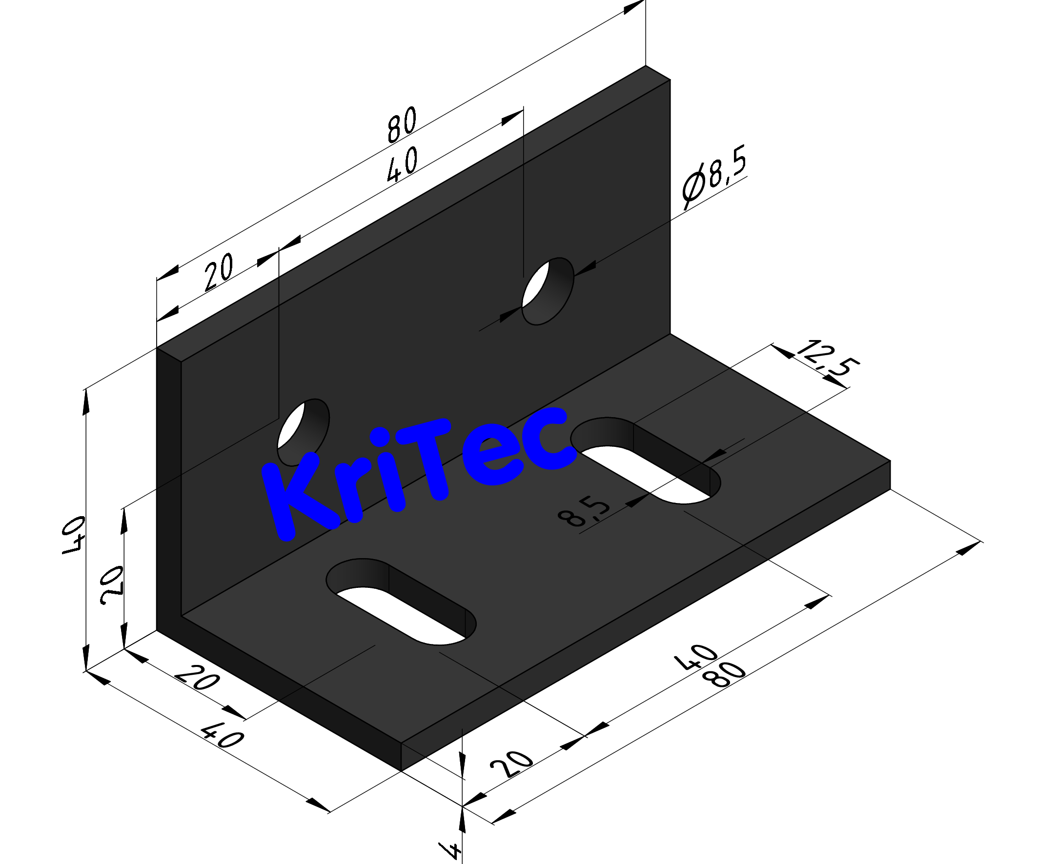 KriTec Winkel 10 St 40x40x80x4 mit Langlöchern einseitig, schwarz