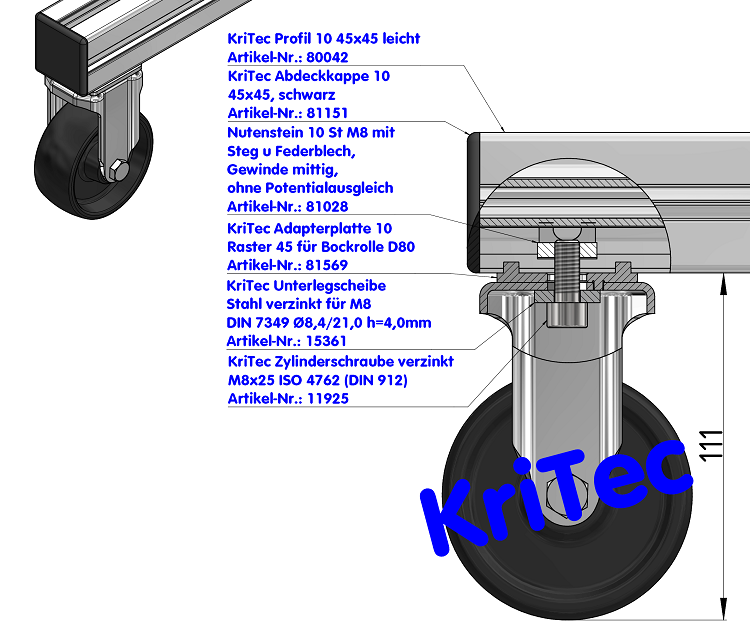 KriTec Adapterplatte 10 Raster 45 für Bockrolle D80