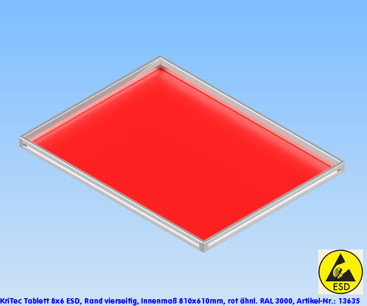 KriTec Tablett 8x6 ESD, Rand vierseitig, Innenmaß 810x610mm, rot ähnl. RAL 3000