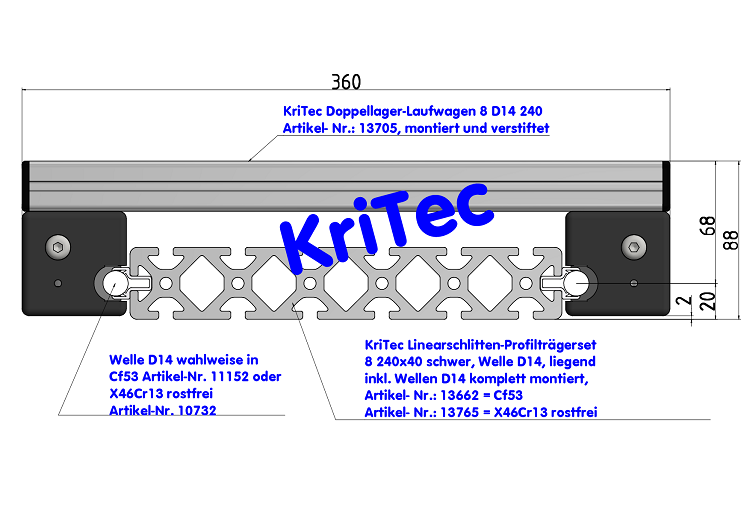 KriTec Linearschlitten-Profilträgerset 8 240x40 schwer, Welle D14, liegend