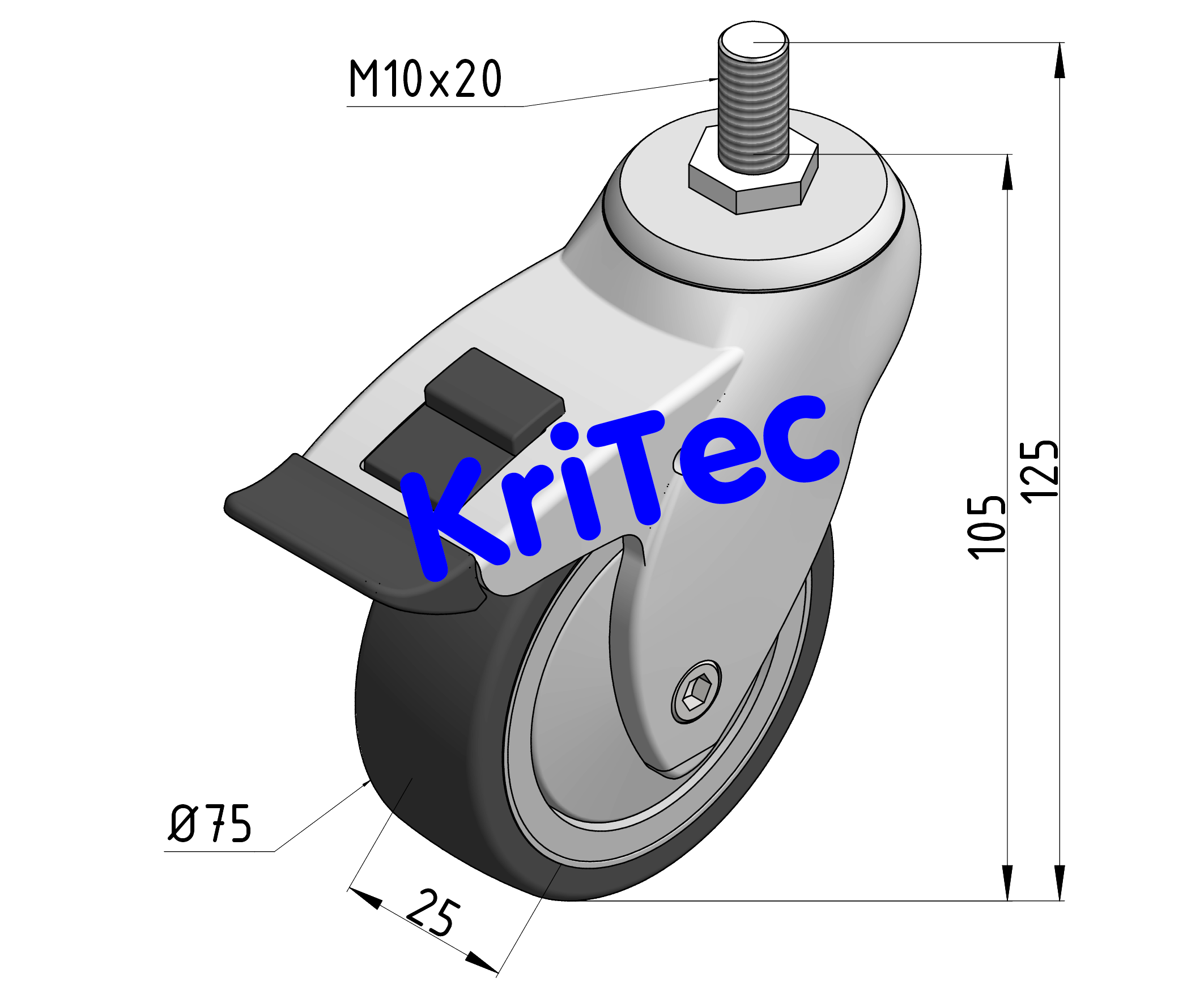 KriTec Lenkrolle D75 mit Radstopper, Vollkunststoff grau mit Bolzen M10x20