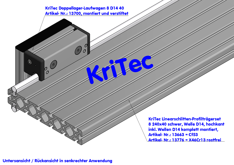 KriTec Linearschlitten-Profilträgerset 8 240x40 schwer, Welle D14, hochkant