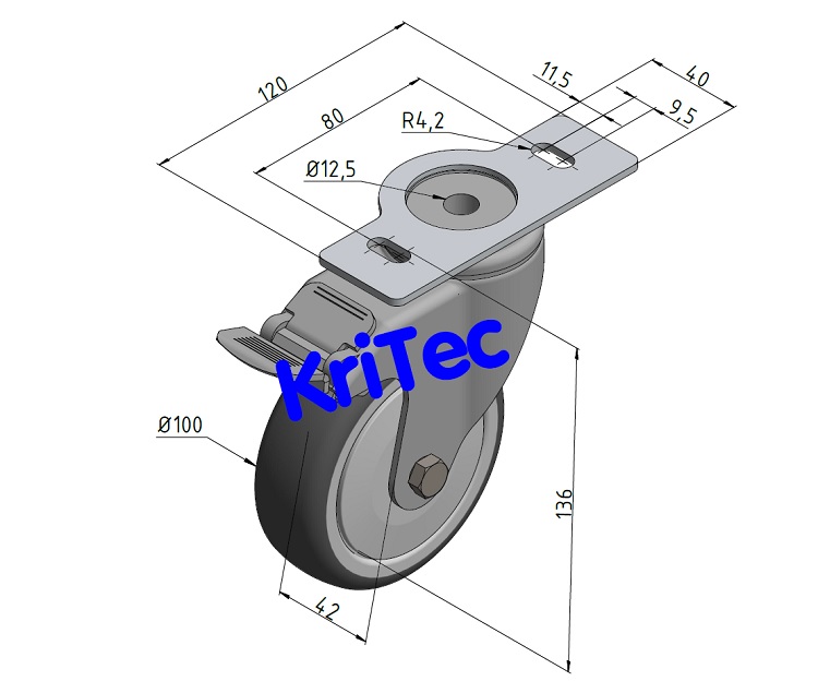 KriTec Lenkrolle D100 Doppelfeststeller 120x40 grau