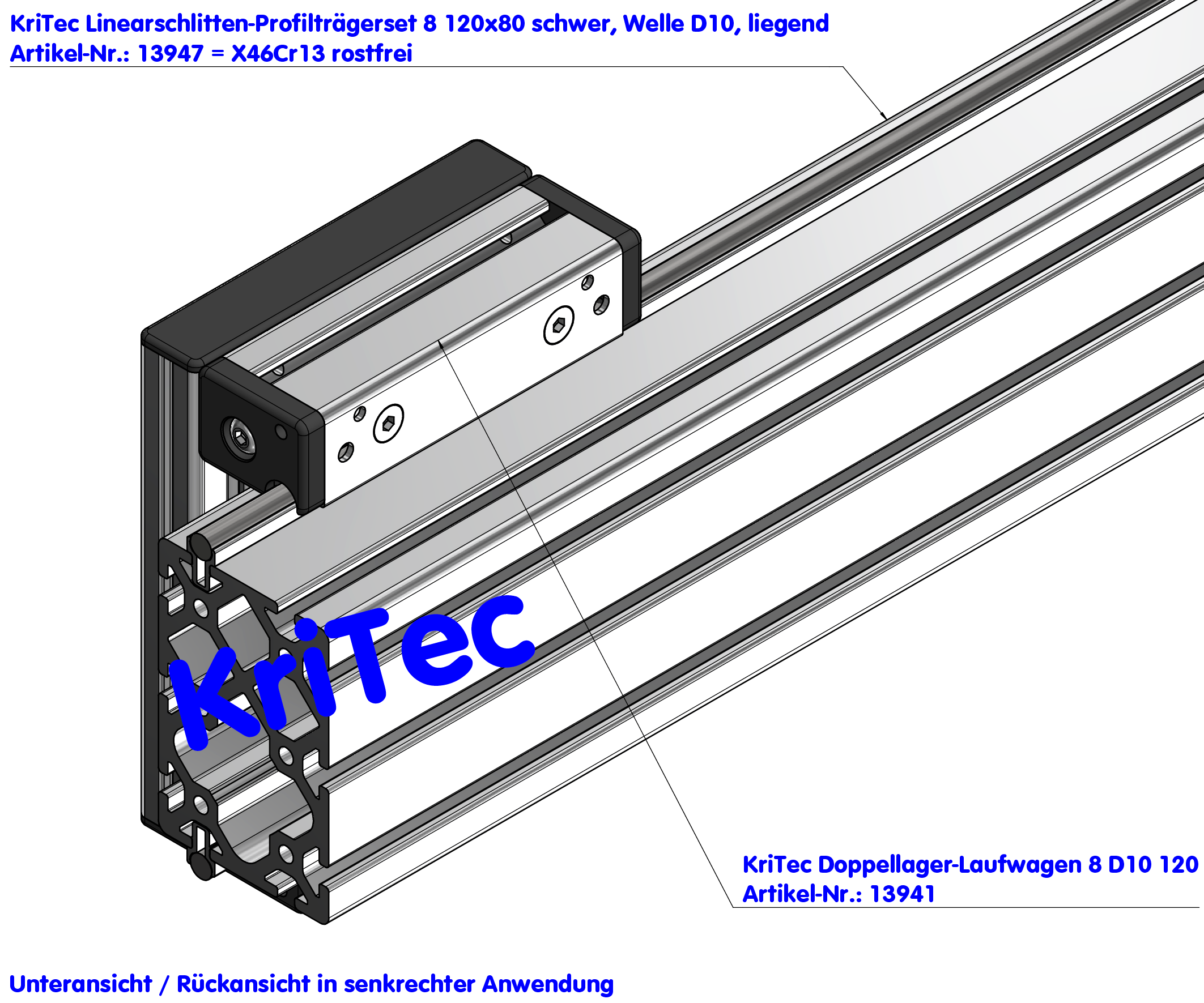 KriTec Linearschlitten-Profilträgerset 8 120x80 schwer, Welle D10 rostfrei, liegend
