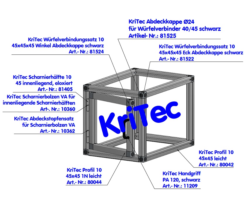 KriTec Würfelverbindungssatz 10 45x45x45 Winkel 2D, Abdeckkappe schwarz