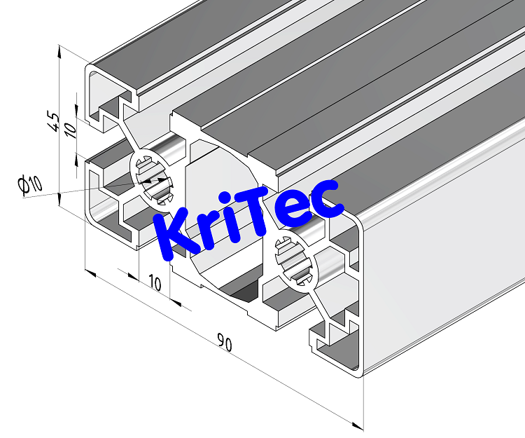 KriTec Profil 10 90x45 1N leicht (1 Nut geschlossen, 5 Nuten offen)