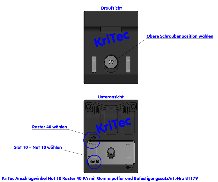 KriTec Anschlagwinkel 10 Raster 40 PA mit Gummipuffer und Befestigungssatz