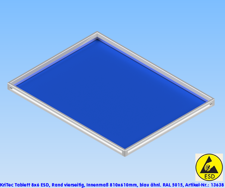KriTec Tablett 8x6 ESD, Rand vierseitig, Innenmaß 810x610mm, blau ähnl. RAL 5015