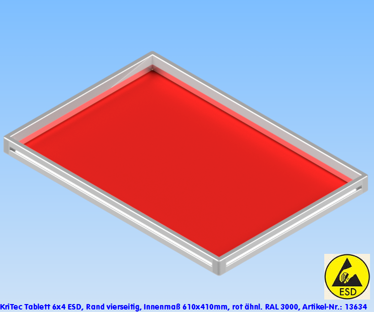 KriTec Tablett 6x4 ESD, Rand vierseitig, Innenmaß 610x410mm, rot ähnl. RAL 3000